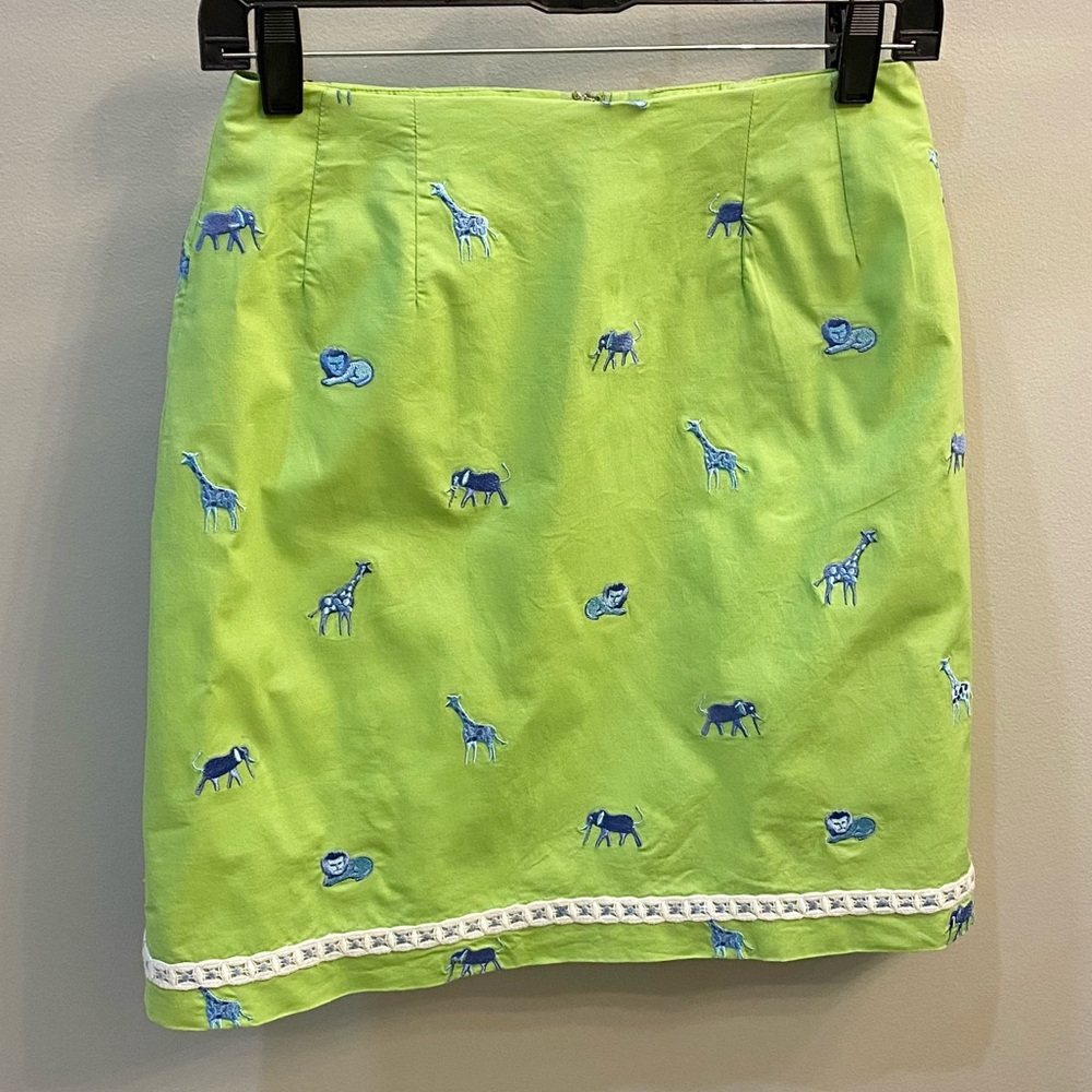 Lilly Pulitzer Vintage Simple Skirt Embroidered Animals Green Blue Stretch 0